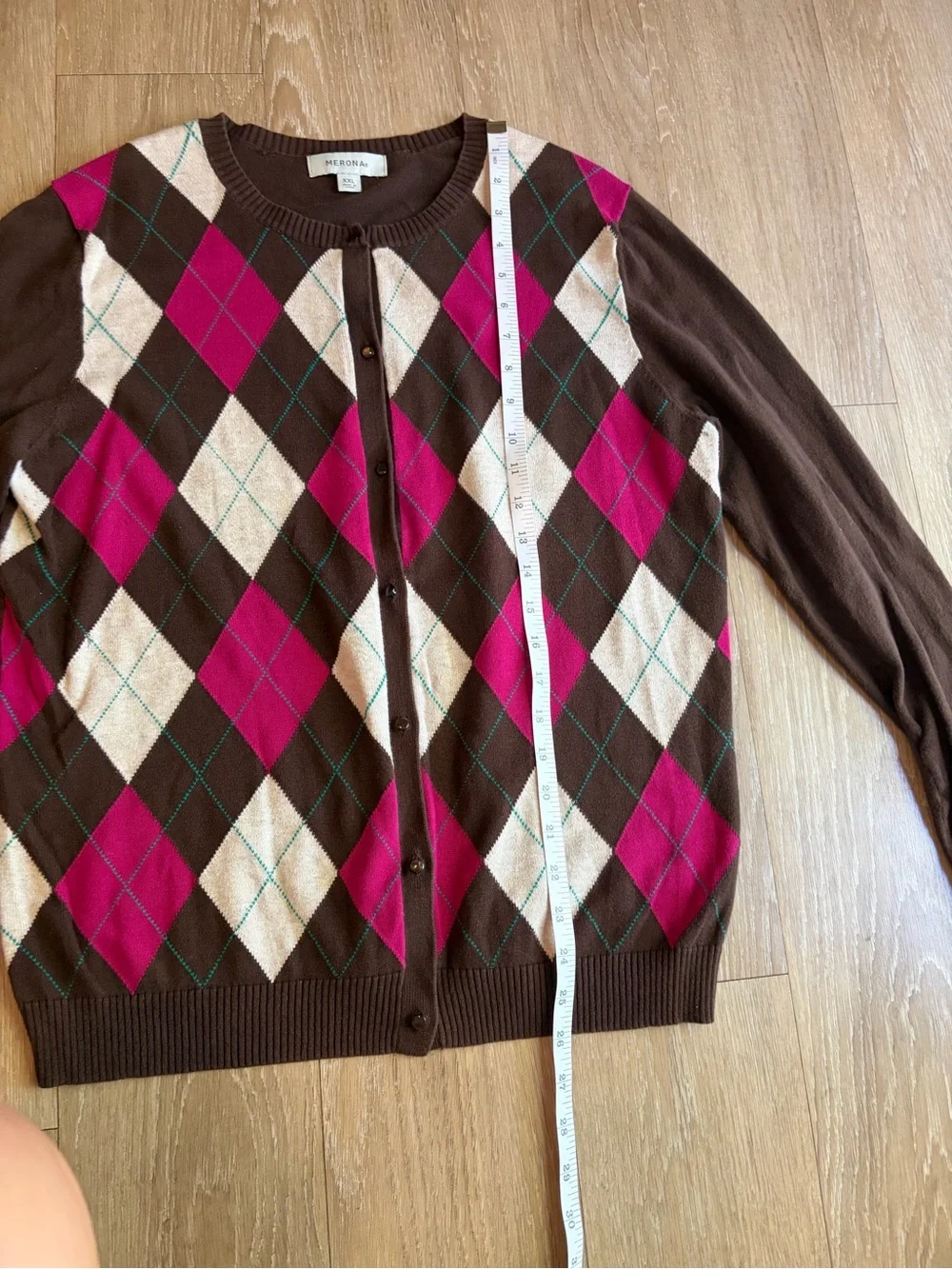 Merona Cotton Brown & Pink Argyle Button-Up Cardigan
